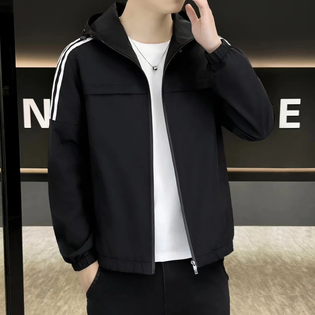 春秋连帽男外套男士春季纯色夹克百搭外套夹克春季时尚上衣薄款潮