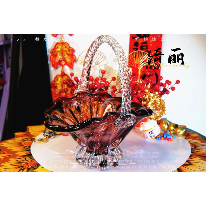 轻奢琉璃紫褐色果篮琉璃手工家用装饰手提篮