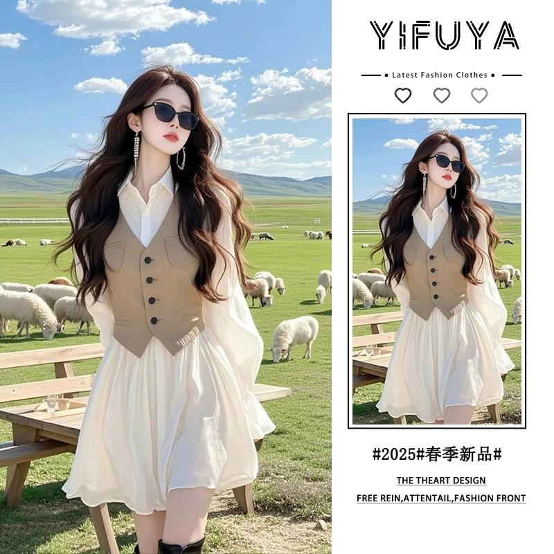 2025春装新款法式高级感漂亮独特气质海边度假白色假两件连衣裙子