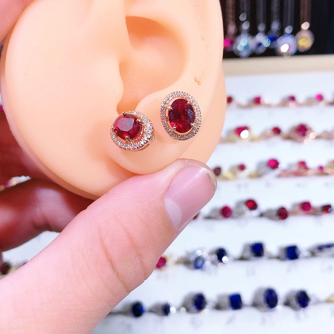 红宝石耳饰银S925镶嵌