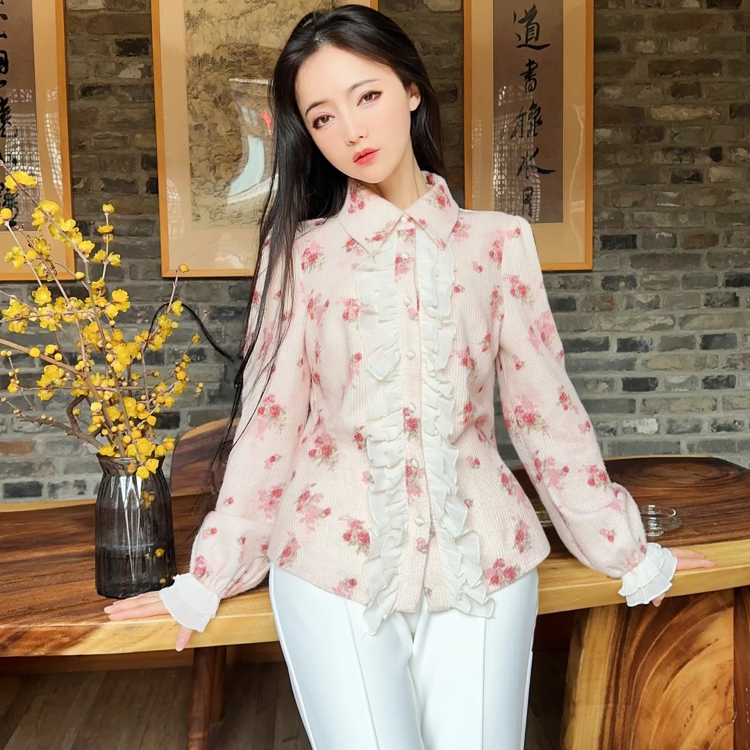 粉黛原创 碎花海蒂姑娘 木耳边碎花衬衫显瘦设计感小众上衣衬衣