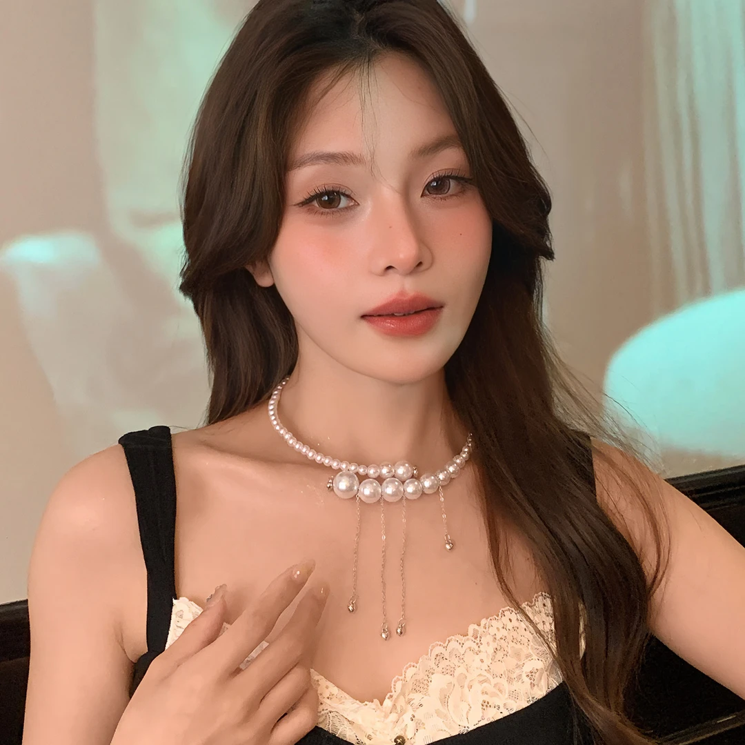 铁合金仿珍珠项链 渐变大小珠项链高级百搭长流苏开口项圈颈链