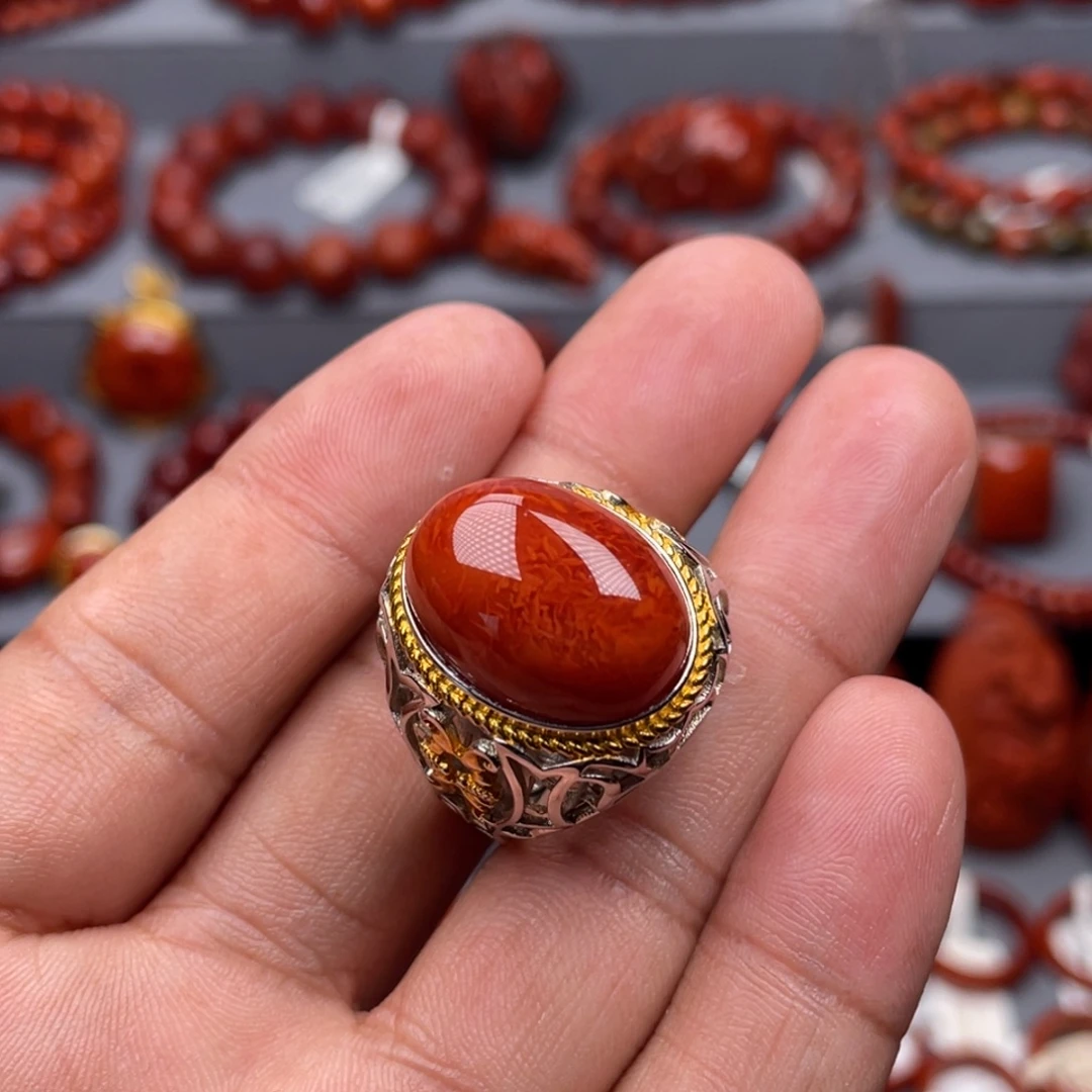 南红玛瑙银S925镶嵌珠宝奇石戒指
