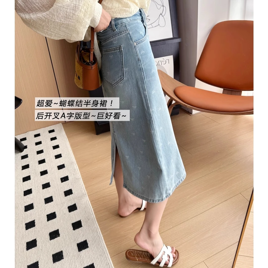 蝴蝶结印花牛仔半身裙女春夏新款梨形身材显瘦后开叉中长a字裙