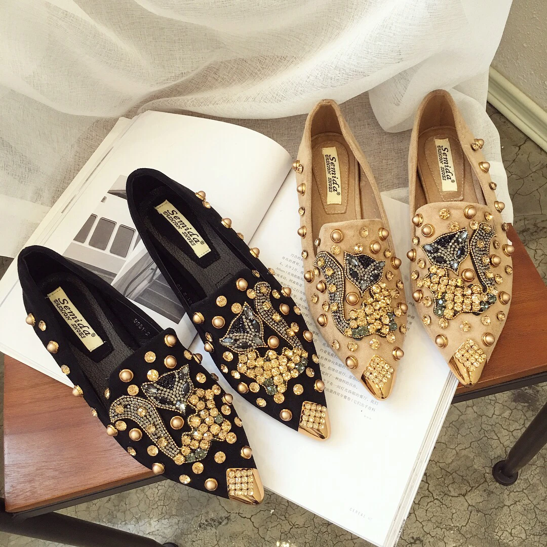 舒适鞋子女2025新款狐狸平底单鞋水钻尖头浅口软底鞋子女