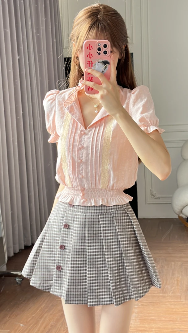 小小仟 捕梦沙洲 收腰衬衫百褶半裙套组复古泡泡袖上衣a字短裙