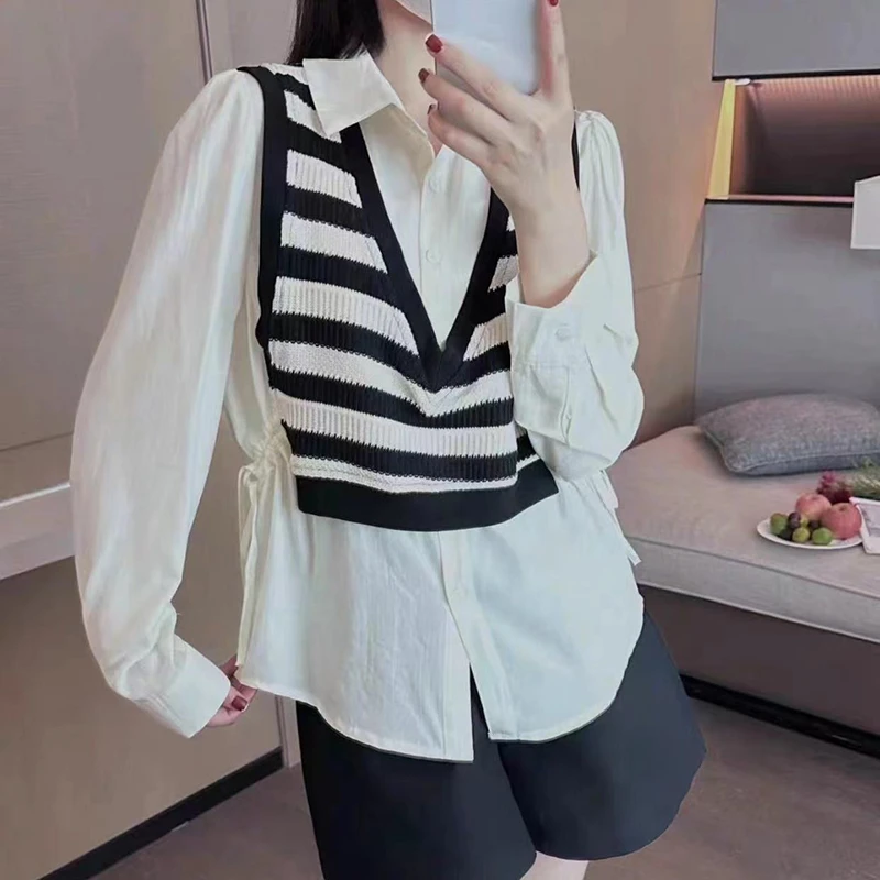 女士宽松假两件衬衫条纹针织背心长袖衬衣春季新款2629
