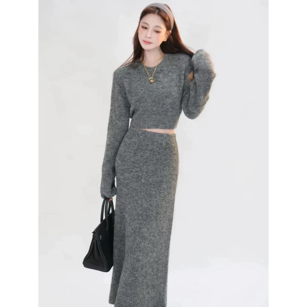 初冬入冬穿搭一整套秋冬季女装小香风短款针织毛衣半身裙两件套装