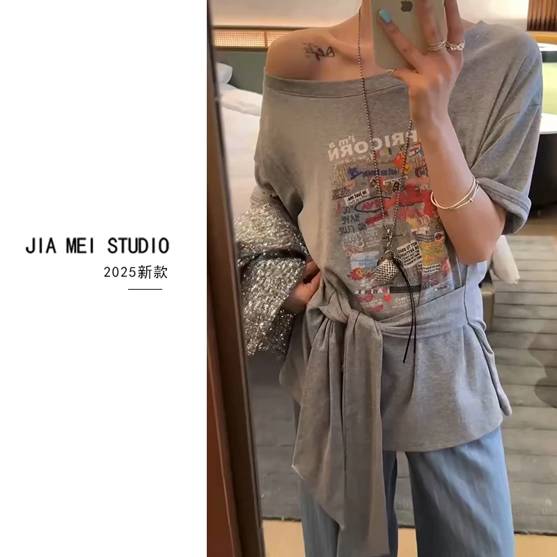 C053夏季新款韩版时尚百搭宽松显瘦卡通印花字母绑带短袖T恤女潮