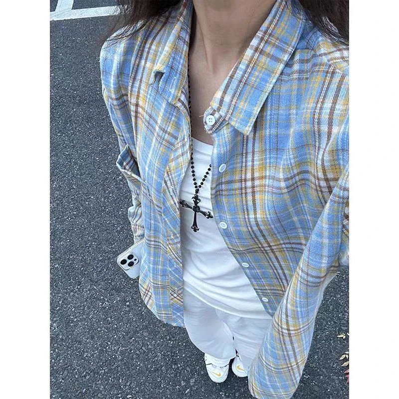 CS11春秋潮牌衬衣男女美式复古情侣百搭宽松格子长袖衬衫