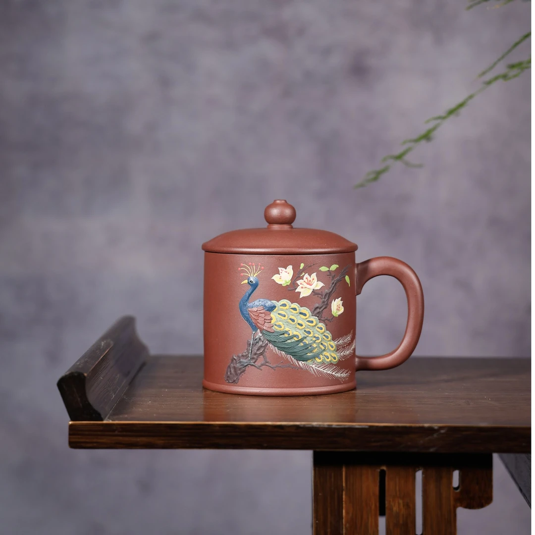 【一轩紫砂-孔雀杯】底槽青泥 手工泥绘 宜兴原矿紫砂大容量手工杯