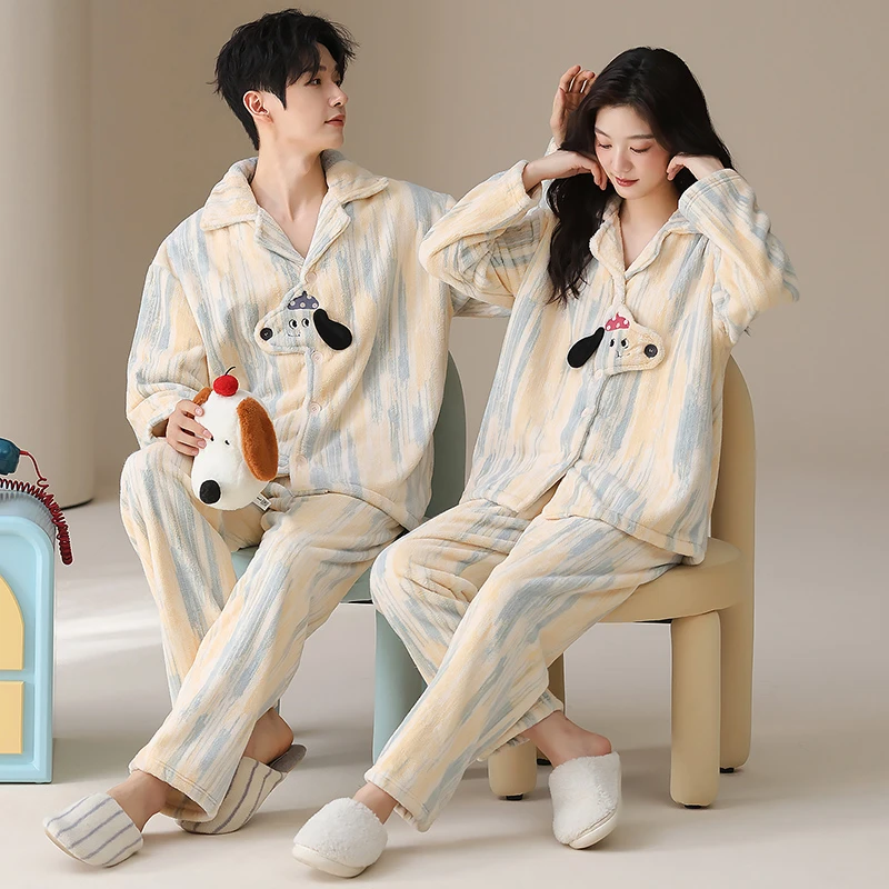 情侣睡衣冬季新款卡通可爱保暖加厚长袖长裤开衫法兰绒家居服套装