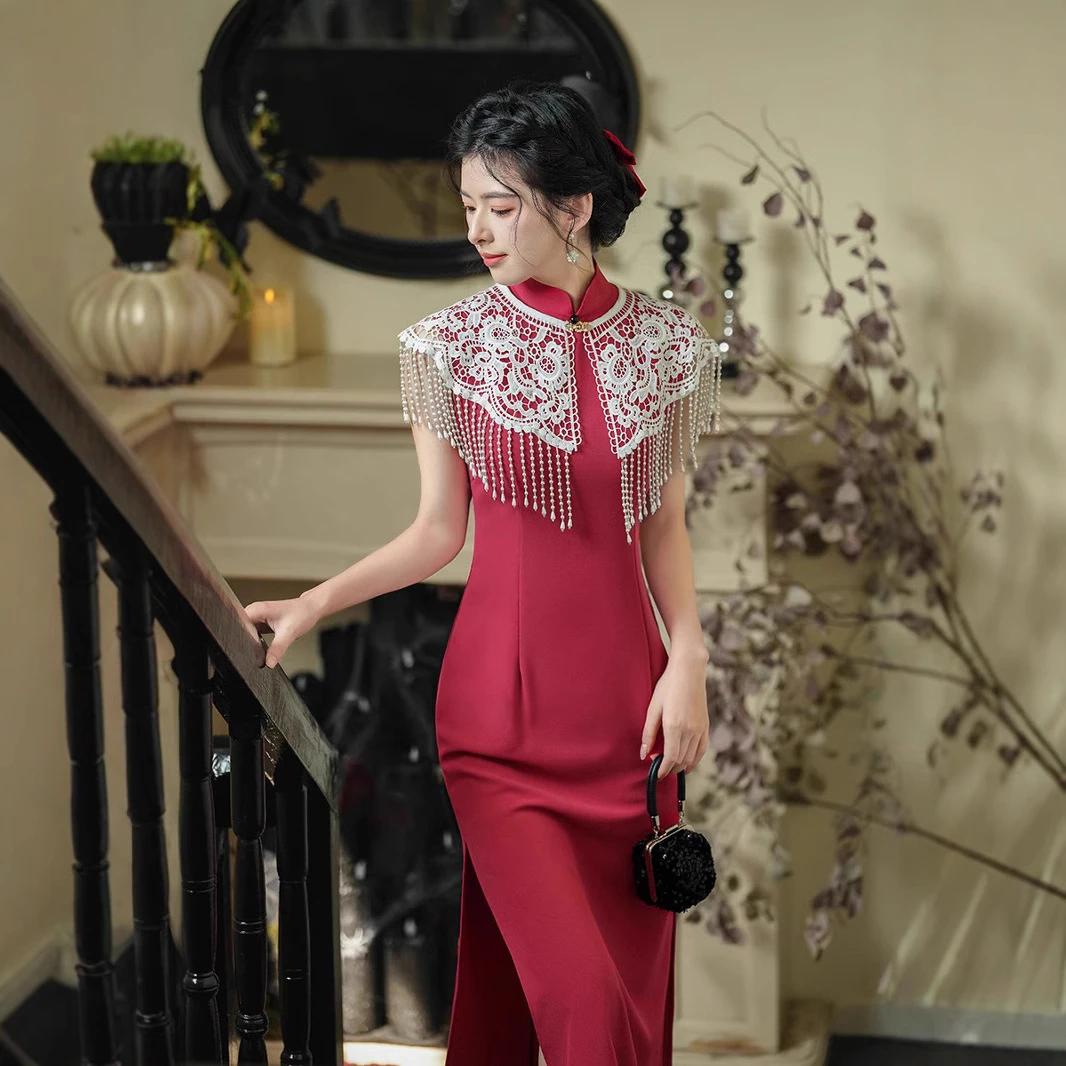 新中式玫红色旗袍敬酒服新款复古国风修身气质港风无袖旗袍套装
