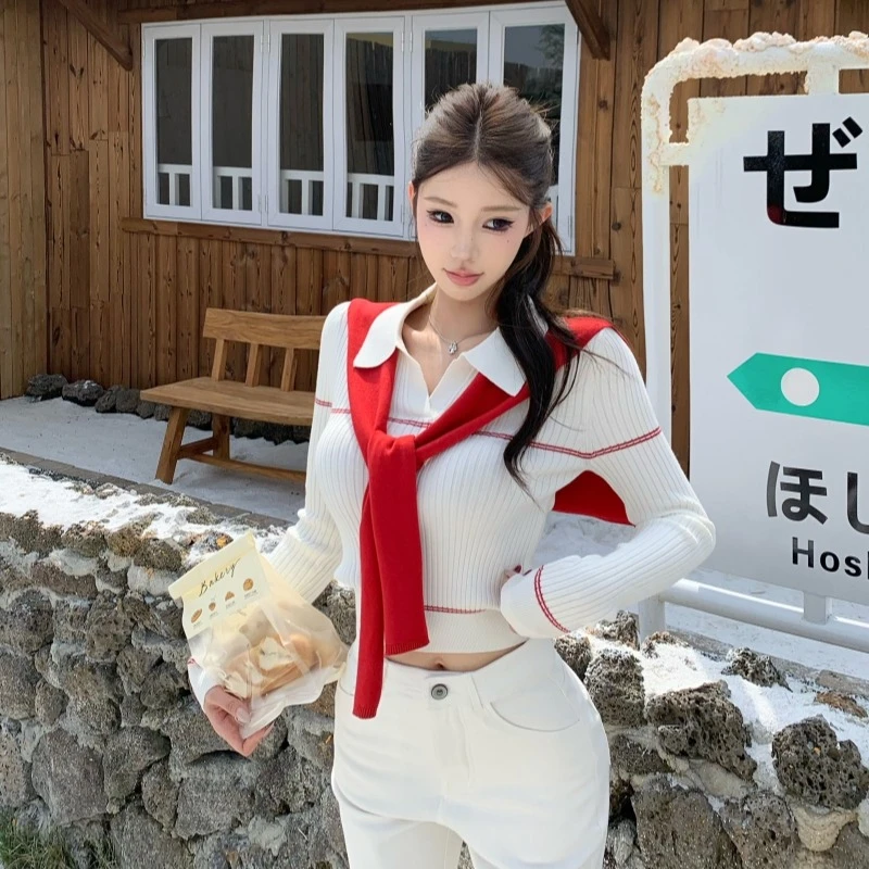 学院风Polo领条纹针织衫女秋冬红色披肩上衣打底衫内搭毛衣两件套