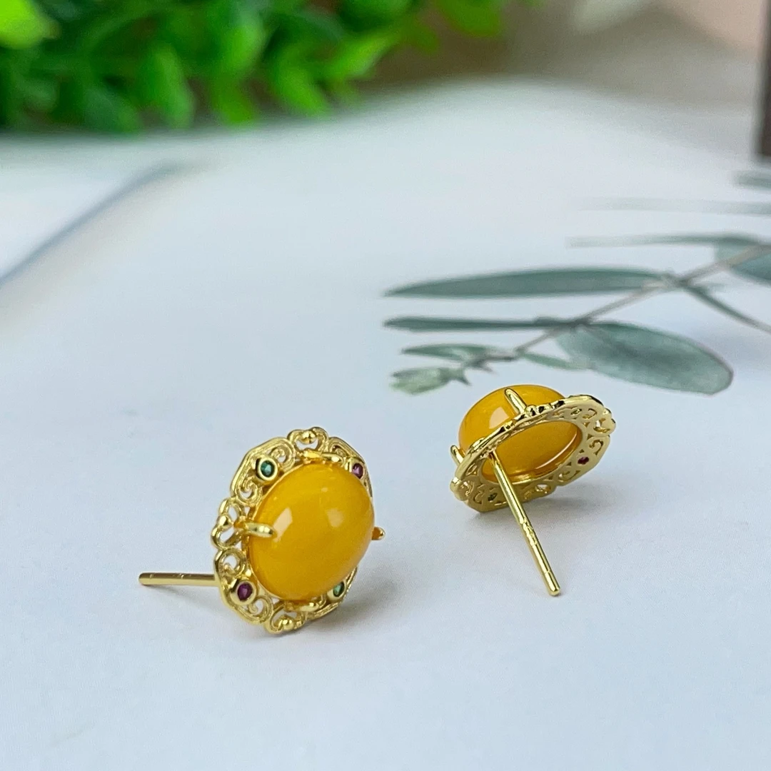 【千奇饰品】A322-1天然蜜蜡椭圆蛋面耳钉12.8*14.8*5mm多样性发一