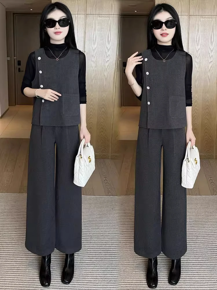 时尚套装女2025秋季新款时髦洋气半高领打底衫马甲阔腿裤三件套潮