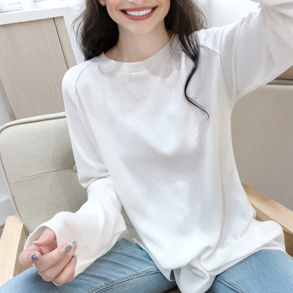 软糯亲肤长袖T恤女早秋2026新款慵懒风圆领宽松休闲打底衫上衣潮