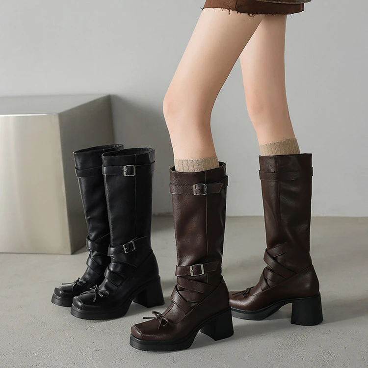 7cm 甜酷简约休闲百搭粗跟高筒骑士靴春秋韩版时尚小个子增高长靴