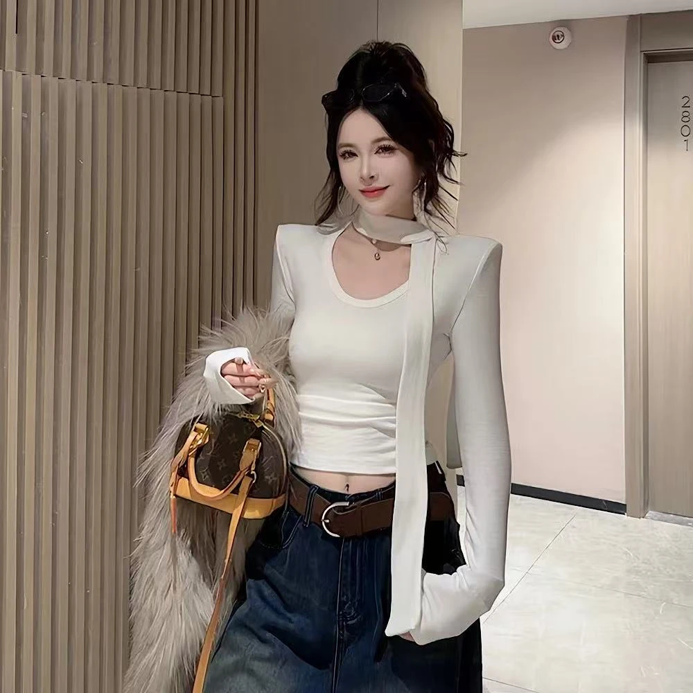 秋冬新款时尚百搭韩系领可拆卸飘带加绒上衣女