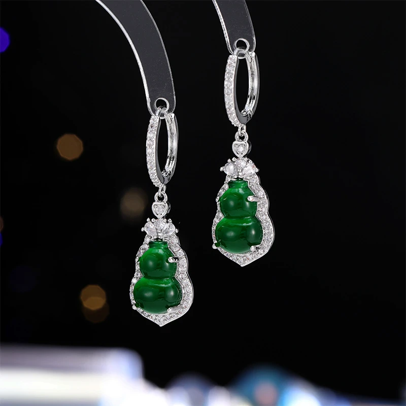 新中式绿色葫芦微镶锆石耳环简约精致气质百搭复古时尚耳扣