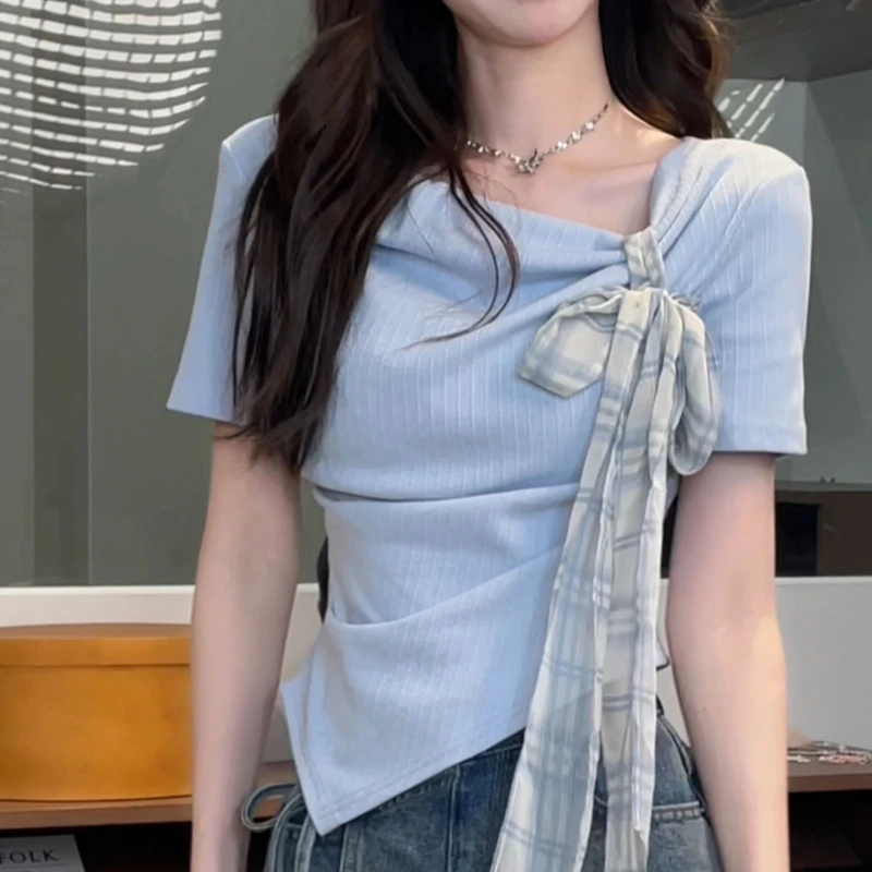 2025夏季新款甜美风蝴蝶结绑带不规则格纹设计感短袖上衣