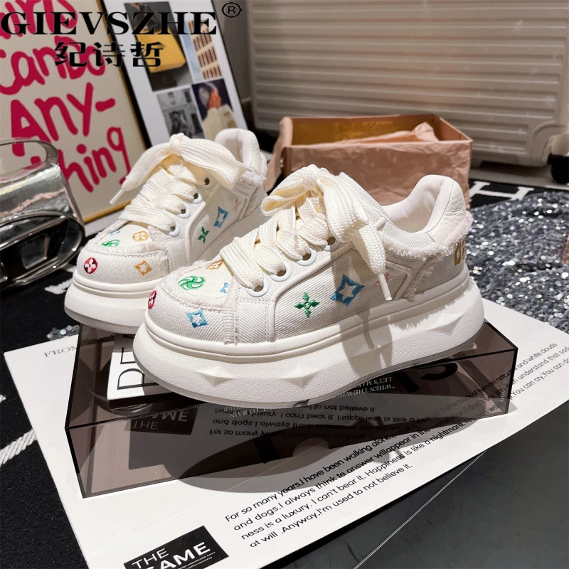 纪诗哲刺绣帆布鞋厚底松糕休闲鞋板鞋面包鞋女士厚底松糕底低帮款