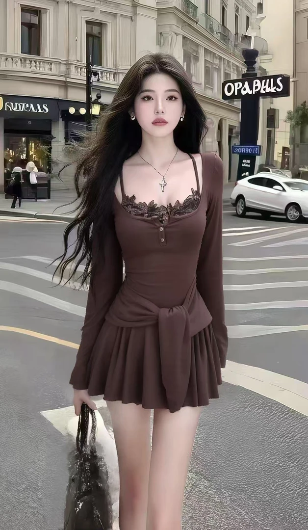 时尚气质显瘦性感辣妹风咖色U领长袖修身收腰设计感小众连衣裙女