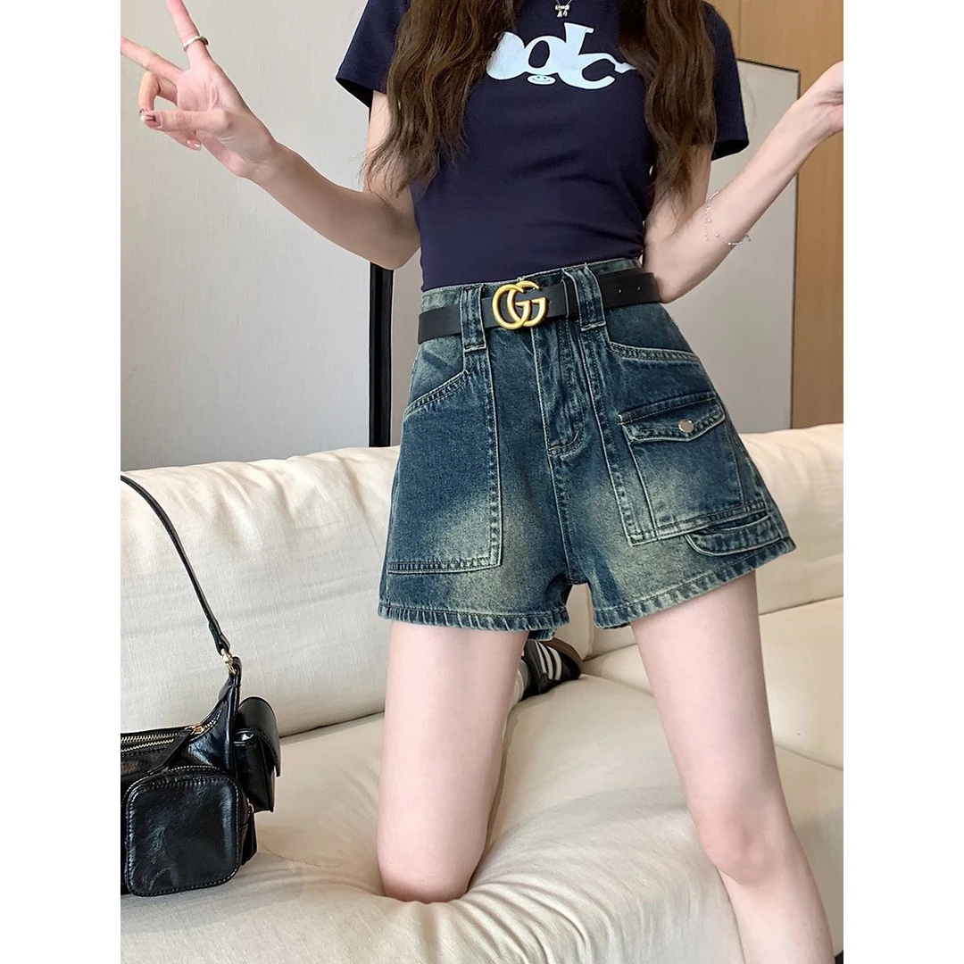 拉夏贝尔（同款剪标）复古文艺高腰松紧阔腿短裤女夏季新款韩版显瘦