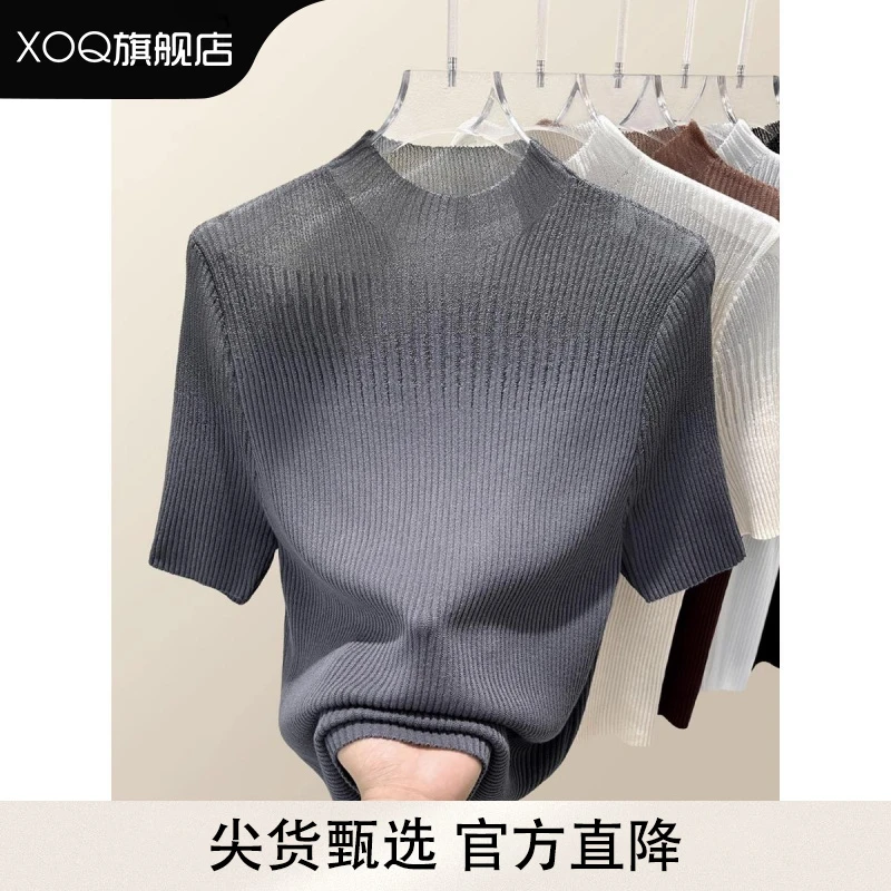 XOQ春秋季修身镂空上衣女士2025年新款半高领网纱蕾丝短袖针织衫