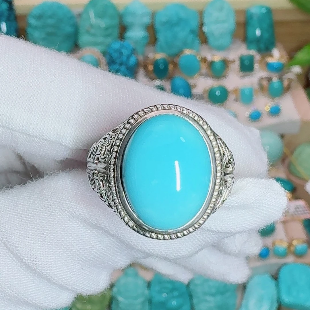 绿松石银S925镶嵌珠宝奇石饱满天空蓝戒指