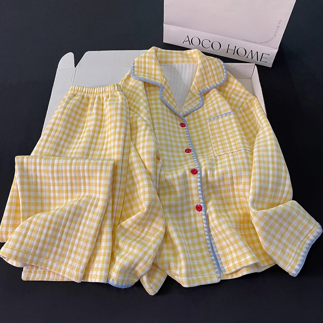 简约黄色格子睡衣女秋冬季天长袖空气棉夹层宽松可外穿家居服套装