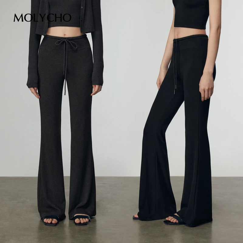 MOLYCHO 慵懒风抽绳系带休闲微喇裤女春夏黑色高腰修身显瘦喇叭裤
