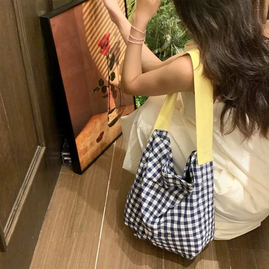 铜合金布艺吊坠 时尚百搭网红气质外出购物格子单肩包