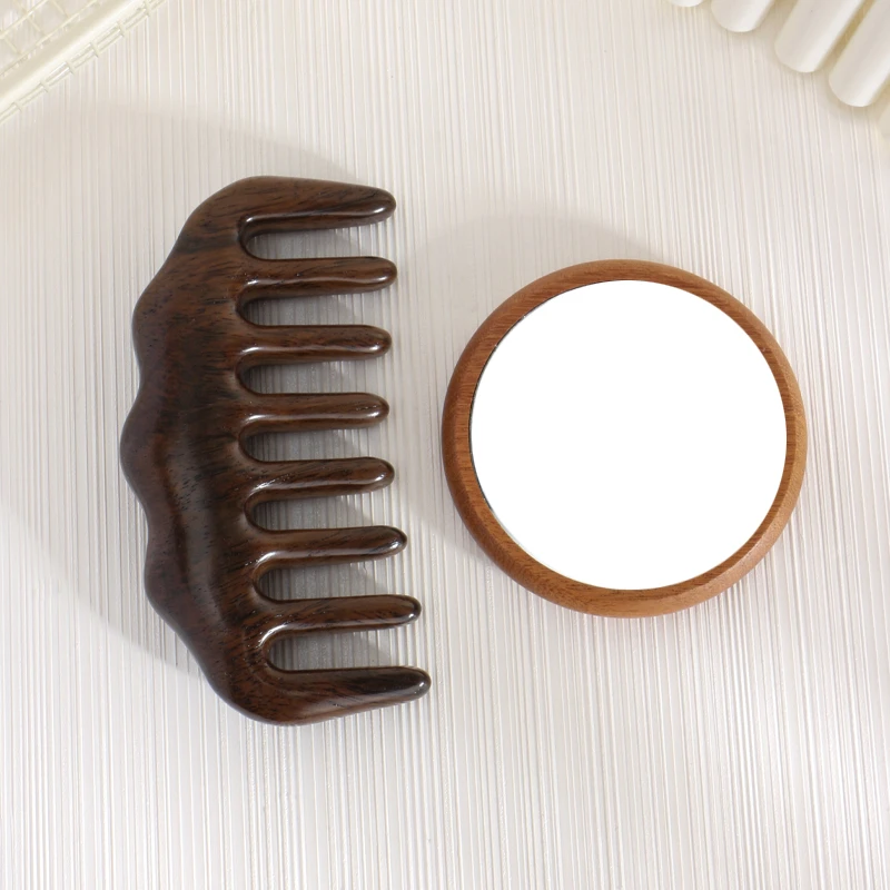 高清便携化妆补妆镜檀木宽齿梳加厚耐用粗齿卷发梳头部按摩顺发梳