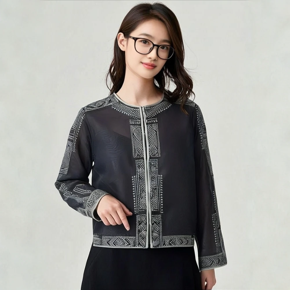 贵夫人47-桑蚕丝长袖衣服气质中式上衣女开衫披肩国风黑色防晒衣