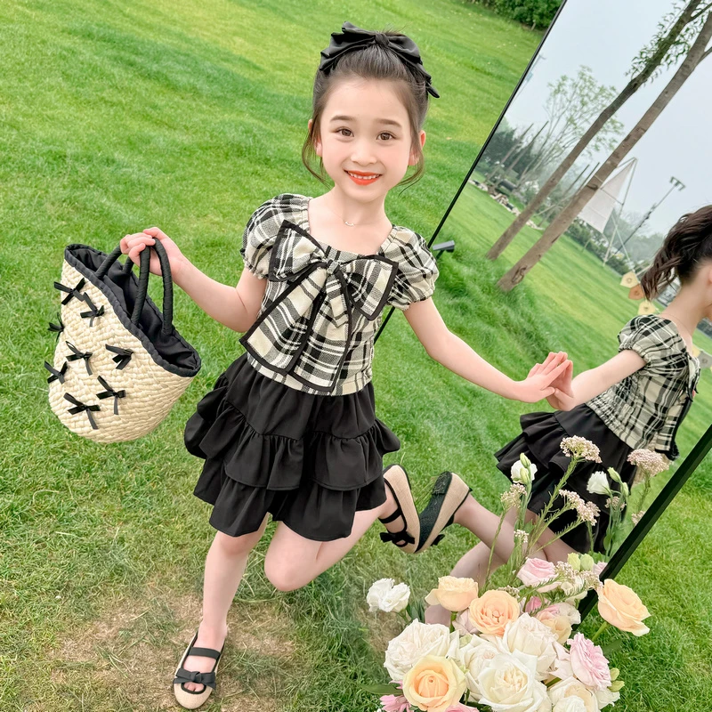 女童夏季洋气短袖2025儿童短裙格子百褶裙甜美两件套衣服时尚女孩
