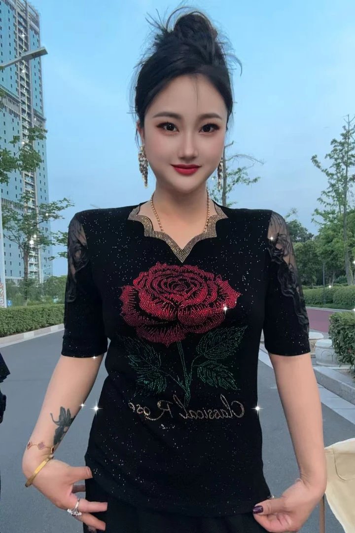 【网红爆款34#新花】亮片打底衫女春秋网红时尚烫钻修身上衣洋气