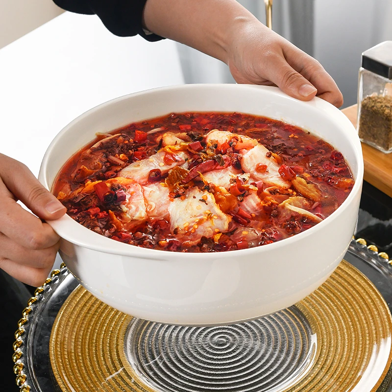 骨瓷双耳汤碗元宝碗大号家用成汤可微波水煮鱼菜盆带耳陶瓷汤面碗