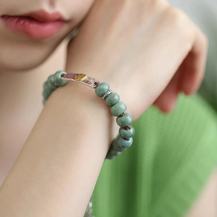 925银手链 <秋梦>S08767来米扎基拉姆方牌绿色算盘珠手作串珠手链