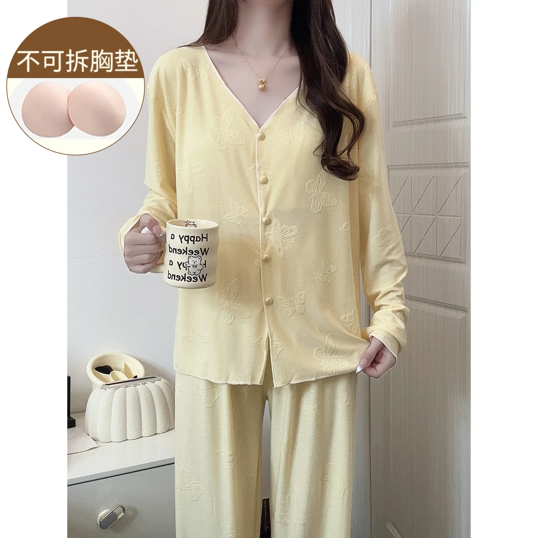 奶黄色睡衣女春秋季长袖带胸垫甜美风少女可外穿新款家居服套装冬