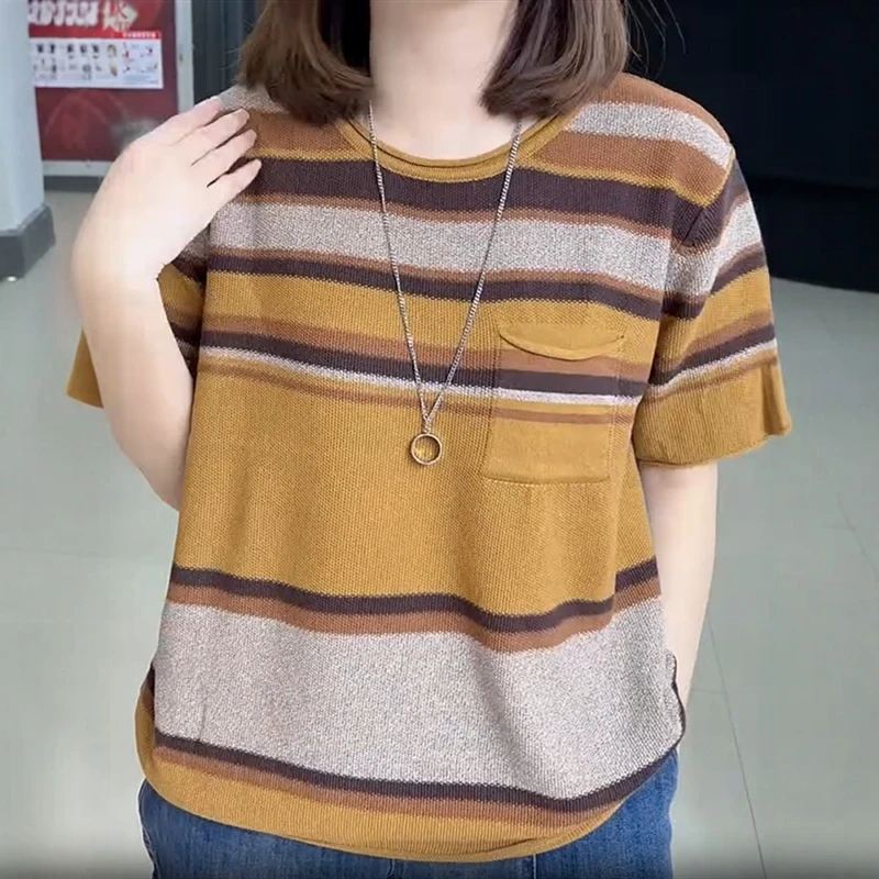 夏季新款复古条纹短袖针织衫欧货时尚小口袋套头T恤休闲减龄上衣
