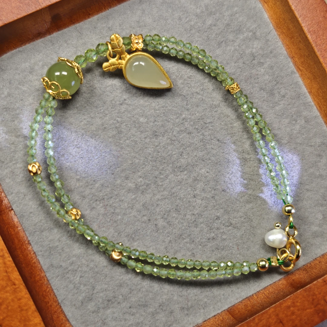 【春络】物华原创天然橄榄石切角精工蝶式双圈手工时尚编织编绳珠珠