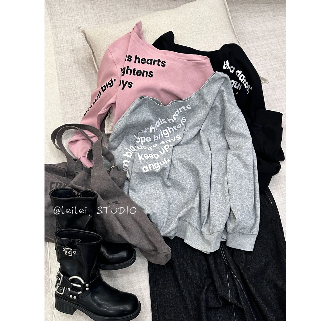 晶咕【漫度周末】美式斜肩字母印花长袖宽松套头卫衣