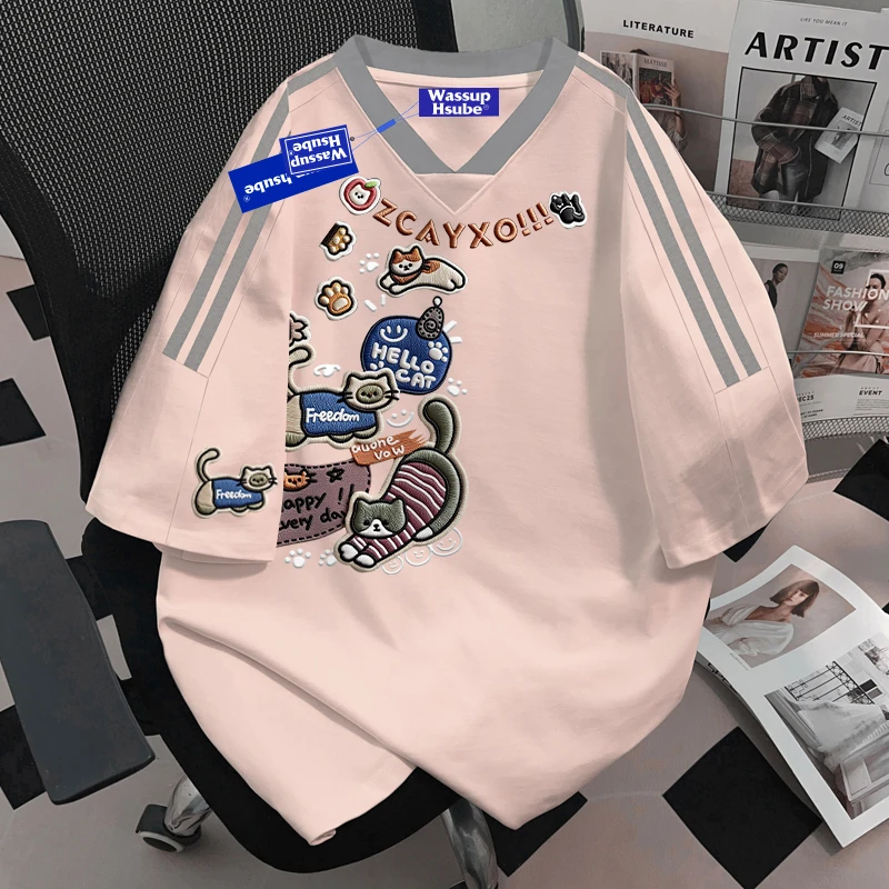 WASSUP HSUBE美式潮牌设计感V领短袖T恤夏季趣味休闲ins情侣上衣