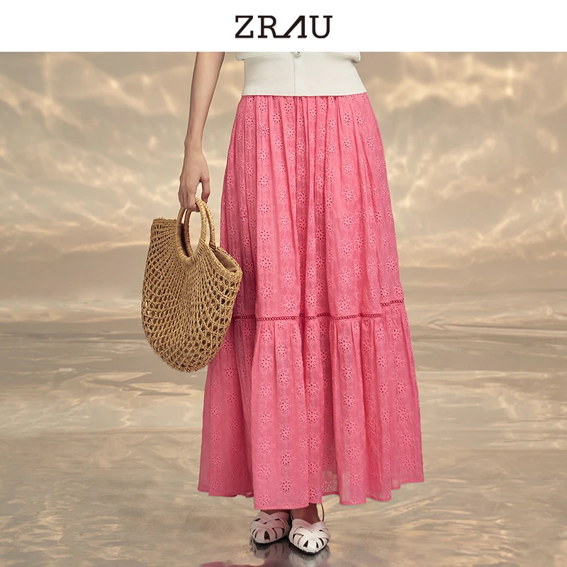 【达人专属】-ZRAU度假风高腰粉色镂空刺绣半身裙Z1242B0001