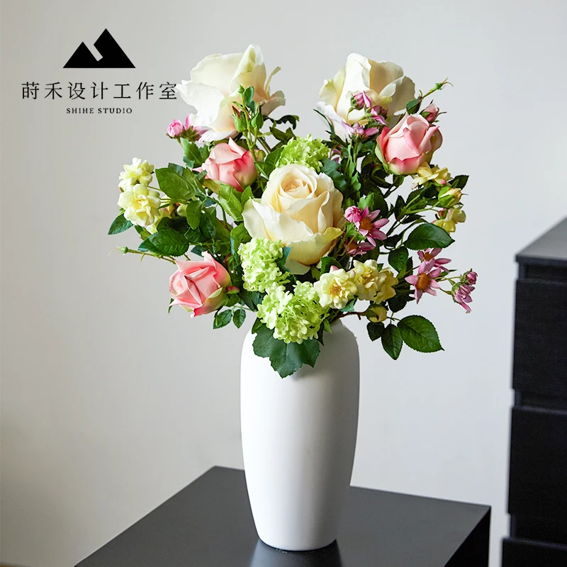 慕柔花束逼真手感仿真花木绣球玫瑰成品花束家居装饰花艺摆件