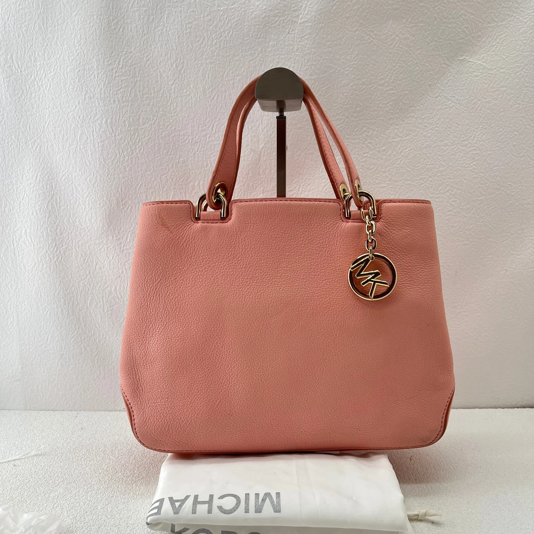 95新 MICHAELKORS/迈克高仕 时尚竹节粉色牛皮托特中号二奢包包
