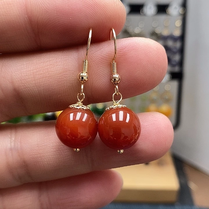 南红玛瑙银S925镀金镶嵌耳饰尺寸12mm