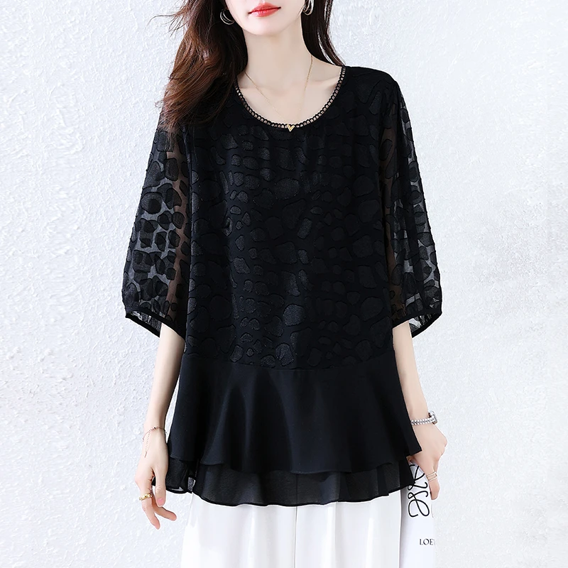 2025年夏季新款高档大码女装黑色提花小衫洋气时尚百搭上衣
