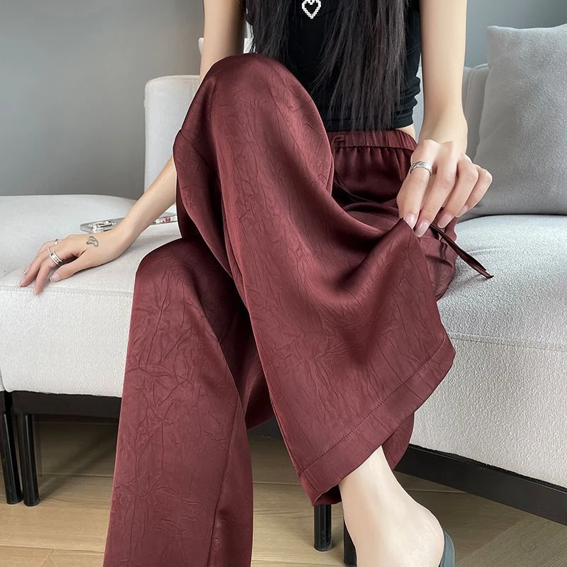 朱砂红缎面提花阔腿裤女夏季2025薄款高腰垂感显瘦冰丝直筒拖地裤